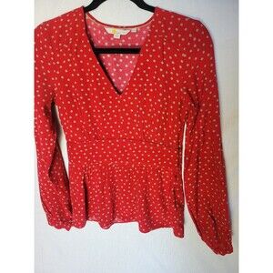 Boden Women’s Elsie Shirt Red Polka Dot Long Sleeves V Neck Blouse, Sz 2R